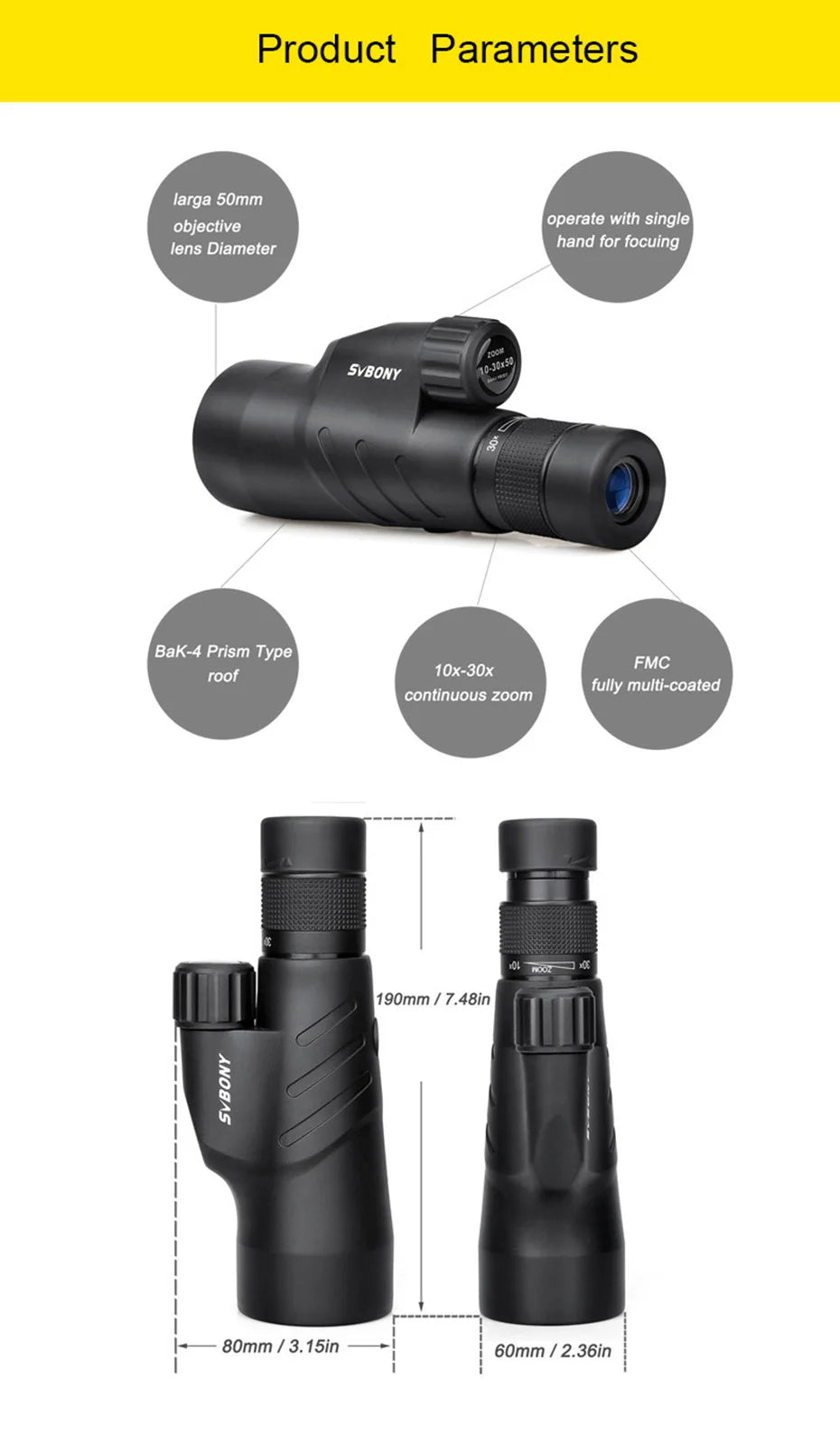 Svbony SV45 Monoculars 10-30 x 50 BAK4 Prism IPx7 Waterproof Optics  BushLine