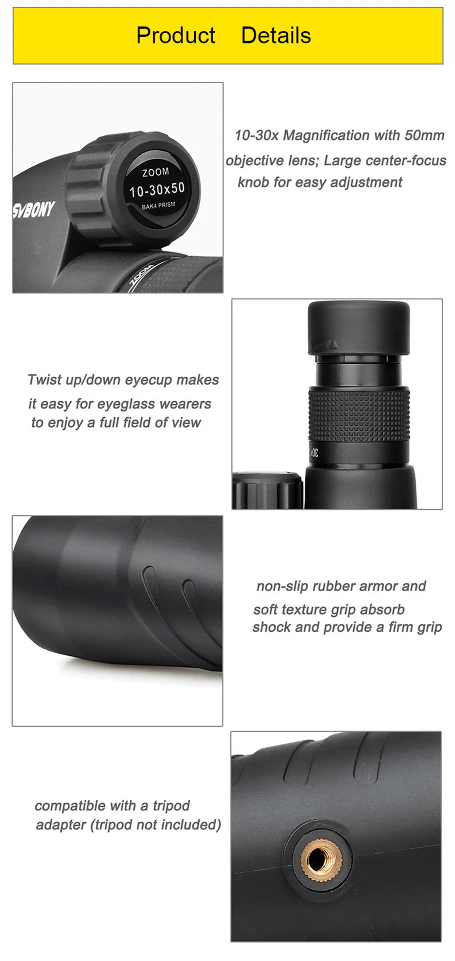 Svbony SV45 Monoculars 10-30 x 50 BAK4 Prism IPx7 Waterproof Optics  BushLine