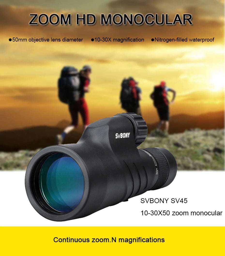 Svbony SV45 Monoculars 10-30 x 50 BAK4 Prism IPx7 Waterproof Optics  BushLine