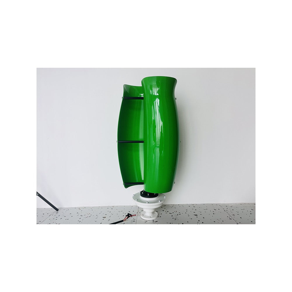 T-500W tulip turbine in green, side view showing the three curved petals and white mounting hub - representative family photo