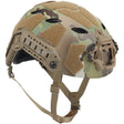 Multicam tan and green high cut tactical helmet, three-quarter side view with matching tan side rails and shroud