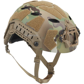 Multicam tan and green high cut tactical helmet, three-quarter side view with matching tan side rails and shroud