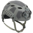 Grey high cut tactical helmet, three-quarter side view with grey hook-and-loop panels and side rail