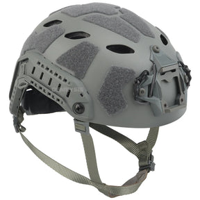 Grey high cut tactical helmet, three-quarter side view with grey hook-and-loop panels and side rail