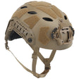 Tan high cut tactical helmet, three-quarter side view showing hook-and-loop panels, side rail and chin harness