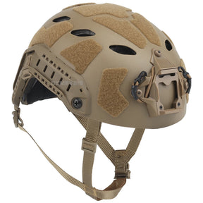 Tan high cut tactical helmet, three-quarter side view showing hook-and-loop panels, side rail and chin harness