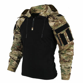 CP multi-terrain camouflage hooded shirt, front angle, zipped bicep pocket