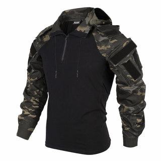 Black tactical hoodie with camouflage sleeves on a white background