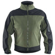 Green and black softshell jacket, flat front view with black shoulder yoke