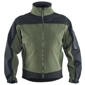Green and black softshell jacket, flat front view with black shoulder yoke