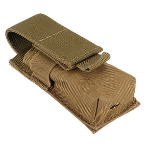 Coyote tan pouch angled with the flap open and the back strap visible