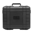 Front view of the large closed black hard case with ribbed lid and folding handle