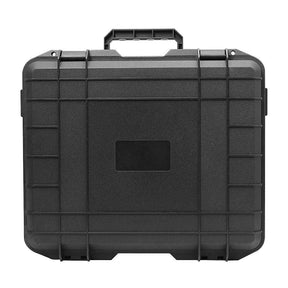 Front view of the large closed black hard case with ribbed lid and folding handle