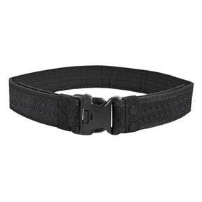 Plain black belt on white, black buckle and black snap studs against the webbing