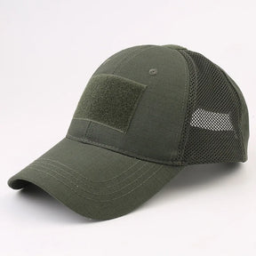 Plain army green half-mesh cap with a green hook-and-loop panel and black open mesh rear
