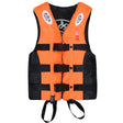 Orange and black buoyancy vest, front view, three buckles, chest whistle and crotch straps