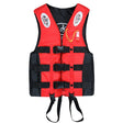 Red and black buoyancy vest, front view, chest pocket, whistle lanyard, three buckles
