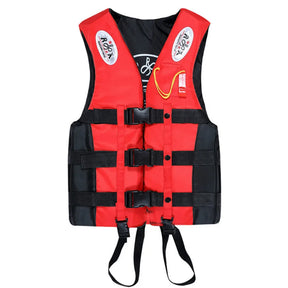 Red and black buoyancy vest, front view, chest pocket, whistle lanyard, three buckles