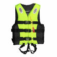 Fluorescent yellow and black buoyancy vest, front view, red whistle and printed inner label