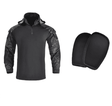 Black camouflage shirt beside the two black elbow pads supplied with it