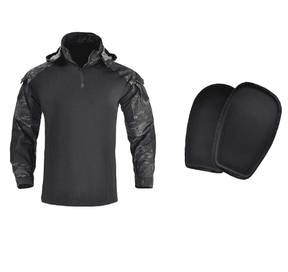 Black camouflage shirt beside the two black elbow pads supplied with it