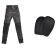 Black camouflage cargo trousers beside the two black knee pads supplied with them