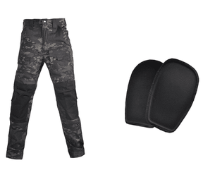 Black camouflage cargo trousers beside the two black knee pads supplied with them