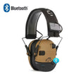 Desert tan ear muffs on white, tan earcups with black headband and charge indicator LEDs