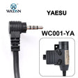 Yaesu right-angle radio plug close-up beside the black adapter body, coded WC001-YA
