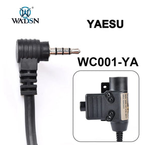 Yaesu right-angle radio plug close-up beside the black adapter body, coded WC001-YA