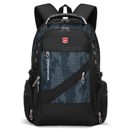 Black and blue camouflage backpack with SwissGear logo on a white background