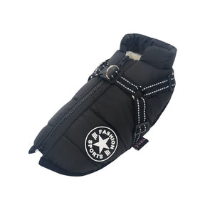 Black coat, three-quarter studio view showing the back D-ring and reflective straps
