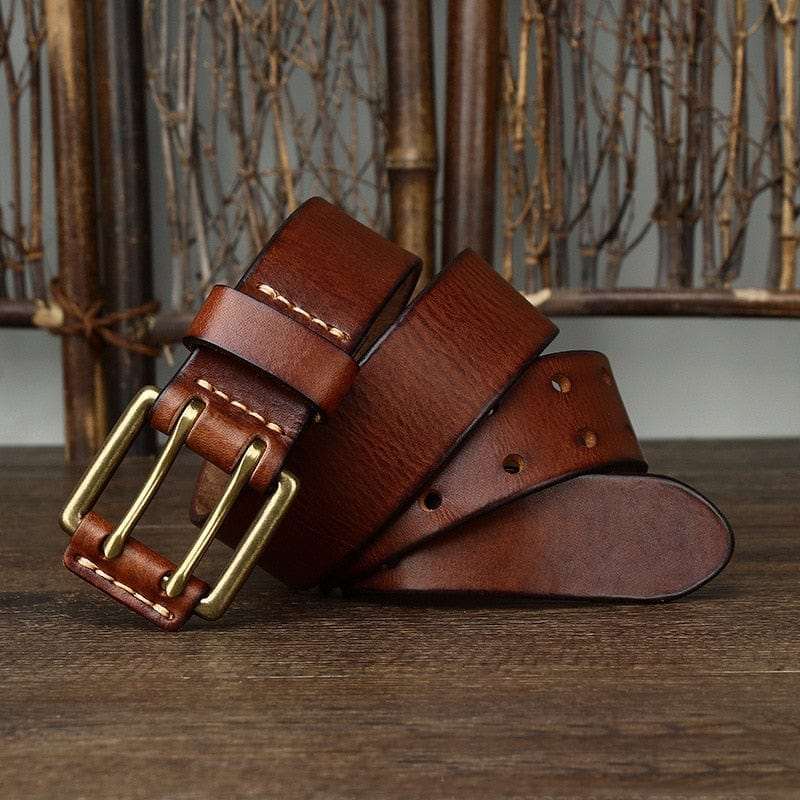 Wide Genuine Leather Belt Double Needle Buckle belts  BushLine