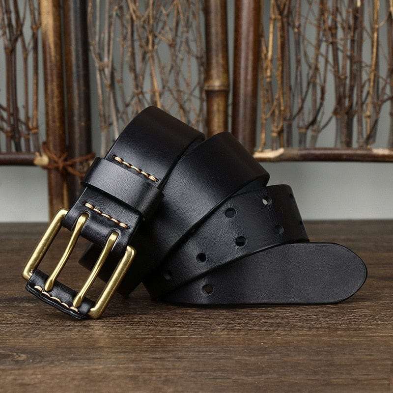 Wide Genuine Leather Belt Double Needle Buckle belts  BushLine