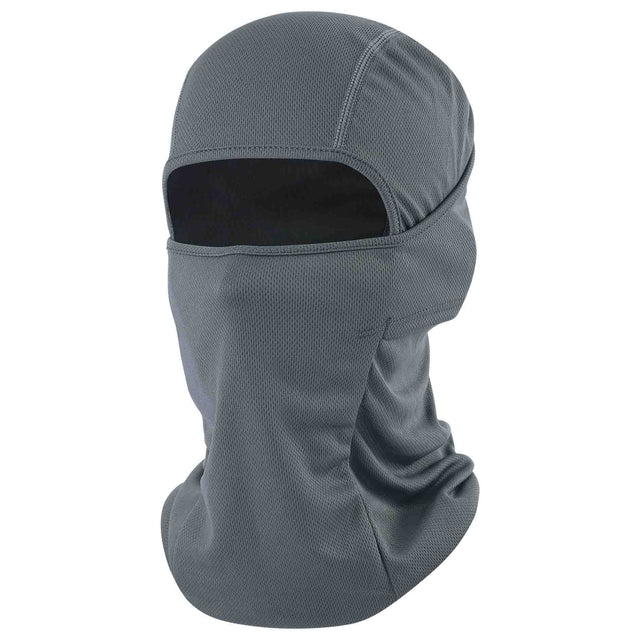 Grey balaclava at three-quarter angle, mesh knit, single eye opening, long neck skirt.