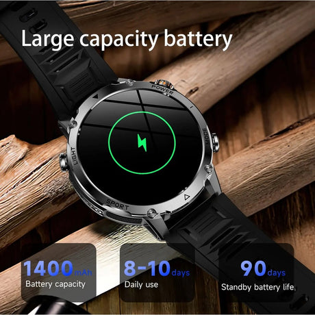 AK106 charging screen with the supplier's printed figures: 1400 mAh, 8 to 10 days daily use, 90 days standby