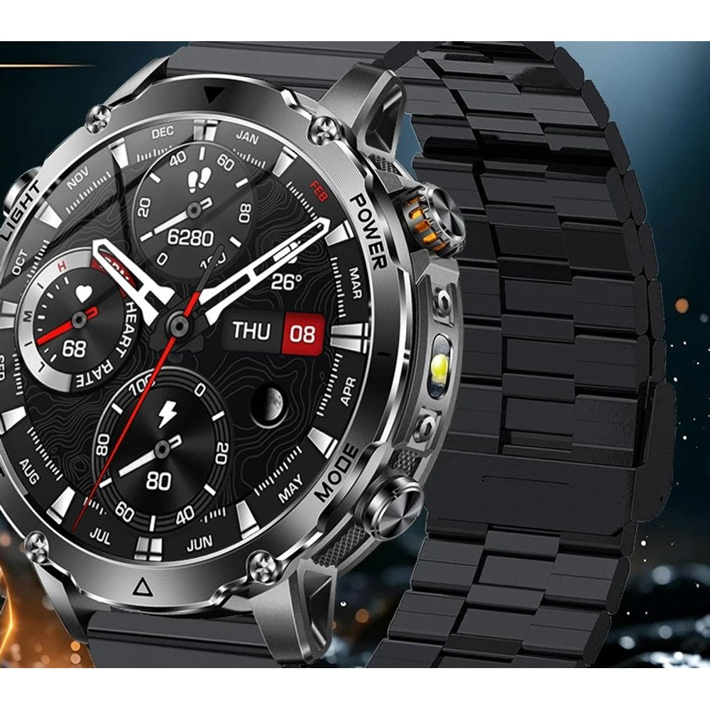 AK106 smartwatch with a black flat-link steel bracelet