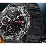 AK106 smartwatch with a black flat-link steel bracelet