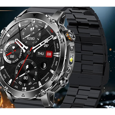 AK106 smartwatch with a black flat-link steel bracelet