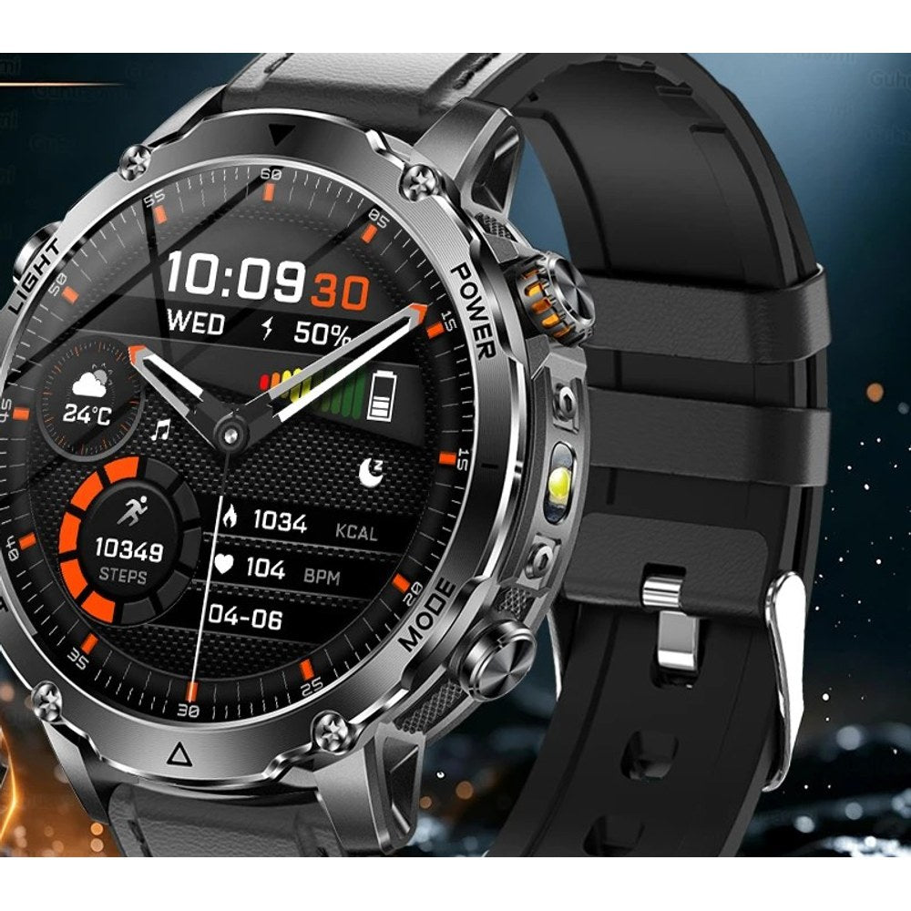 AK106 smartwatch with a black leather strap
