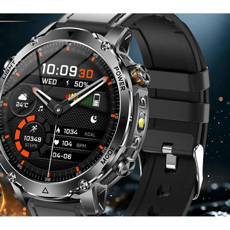 AK106 smartwatch with a black leather strap