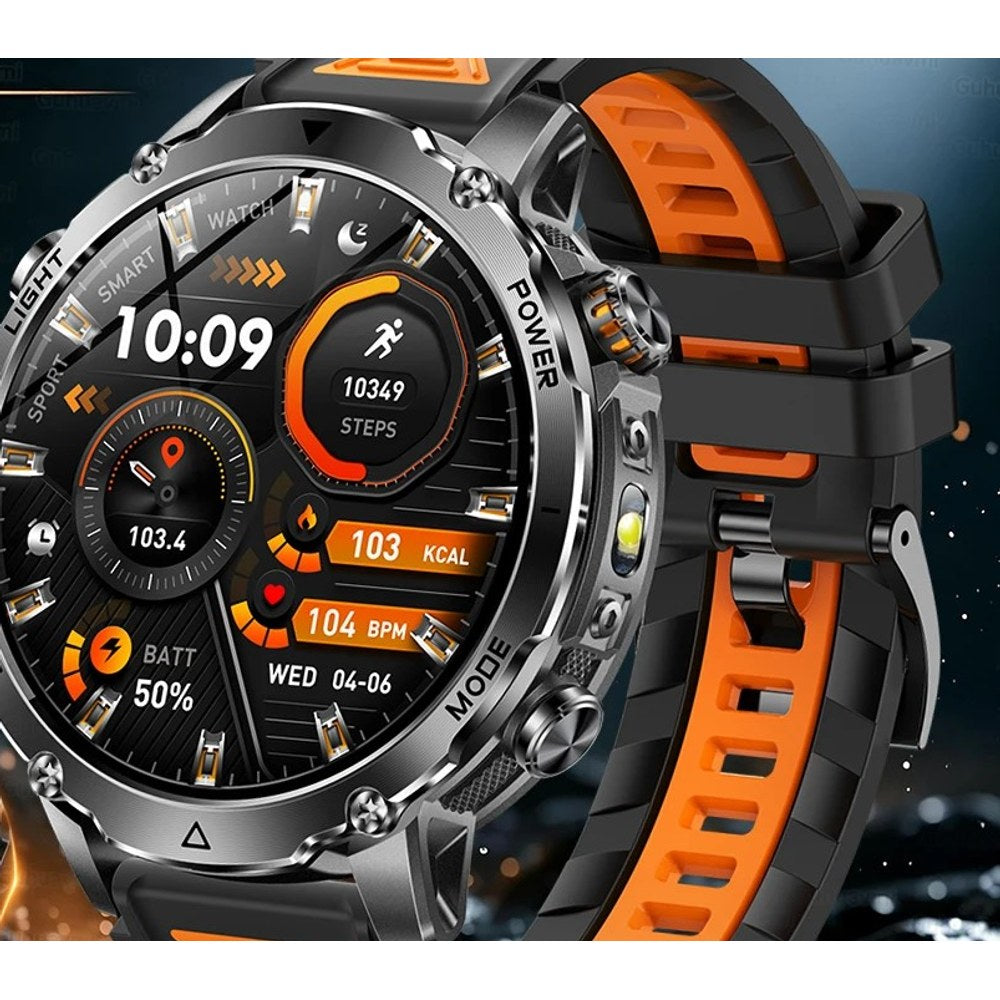 AK106 smartwatch with a black silicone strap lined in orange