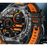 AK106 smartwatch with a black silicone strap lined in orange