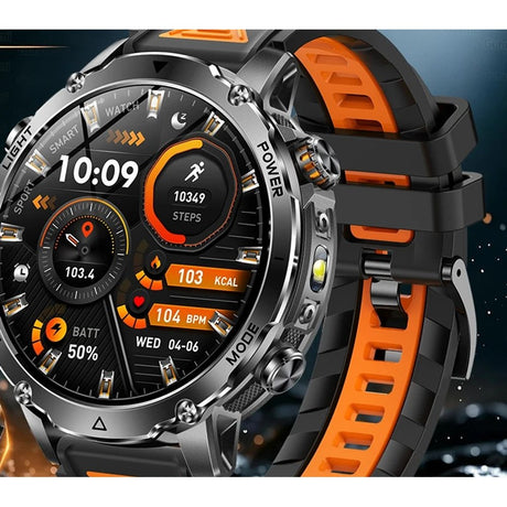 AK106 smartwatch with a black silicone strap lined in orange