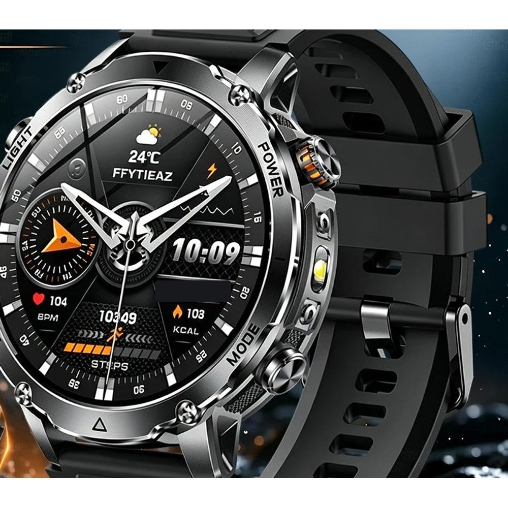 AK106 smartwatch with a black silicone strap