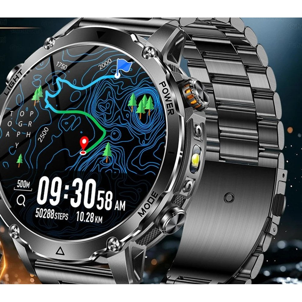 AK106 smartwatch with a black steel link bracelet