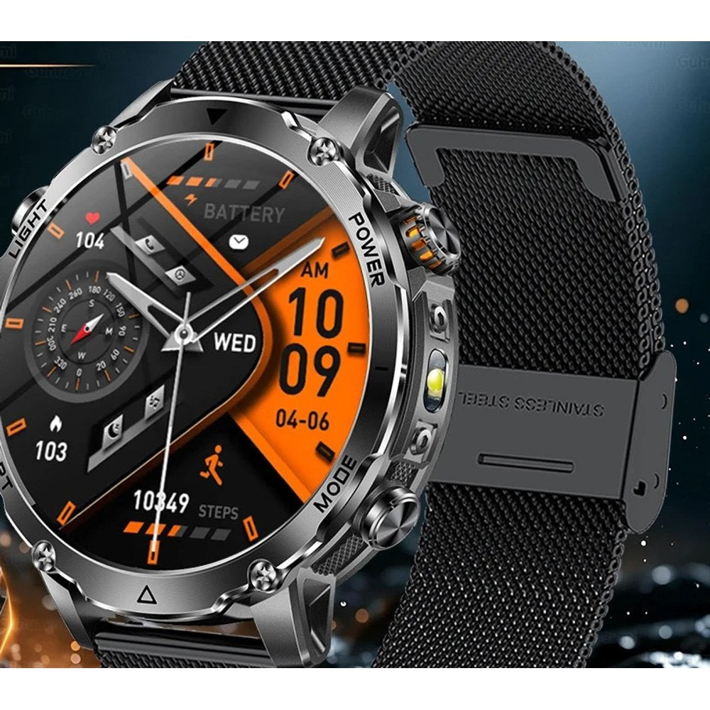 AK106 smartwatch with a black stainless steel mesh strap