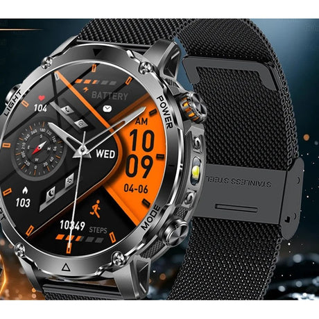 AK106 smartwatch with a black stainless steel mesh strap