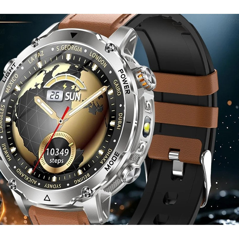 AK106 smartwatch with a brown leather strap