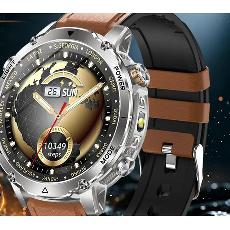 AK106 smartwatch with a brown leather strap
